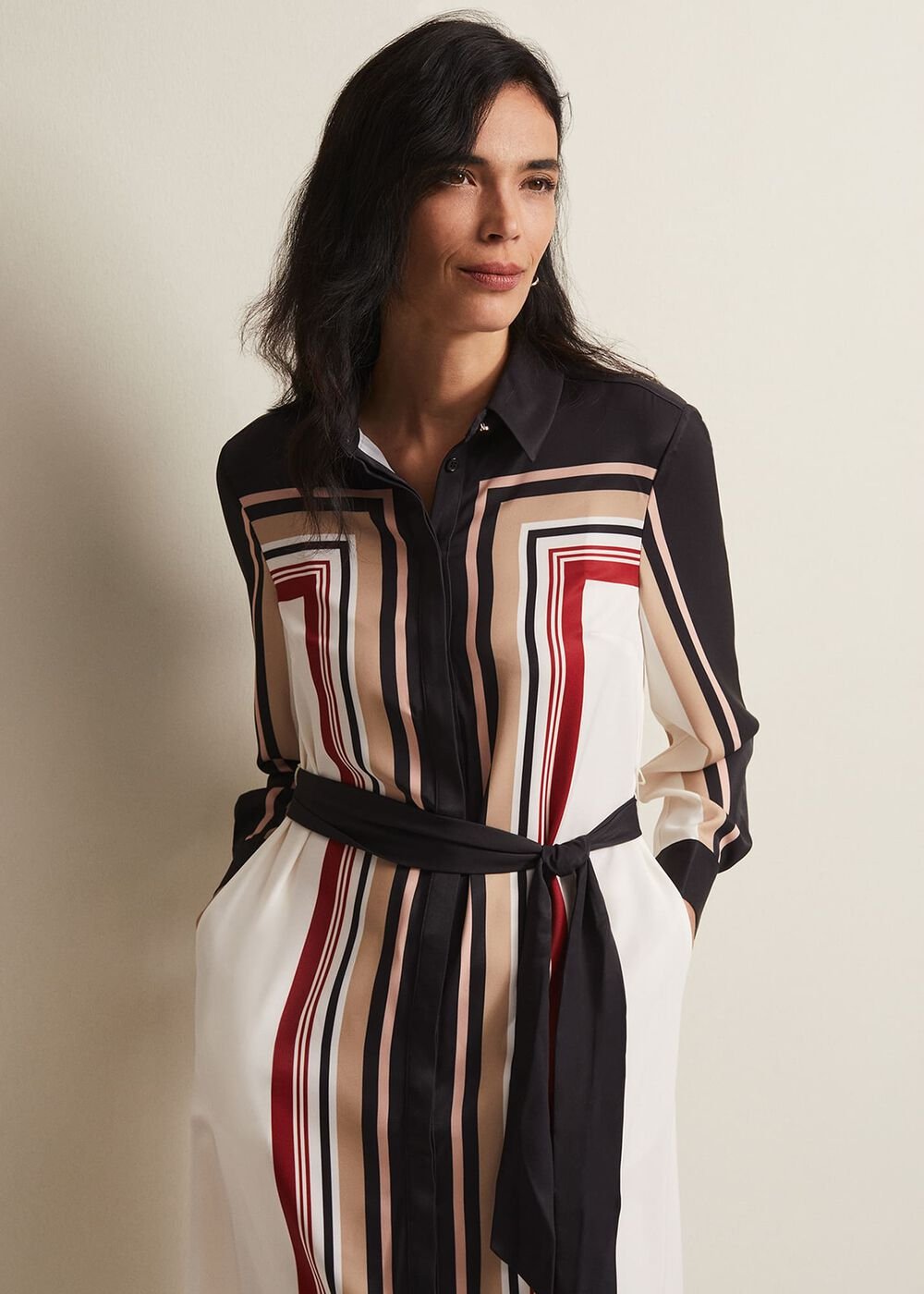 Black & White Striped Shirt Midi Dress - Black/Multi