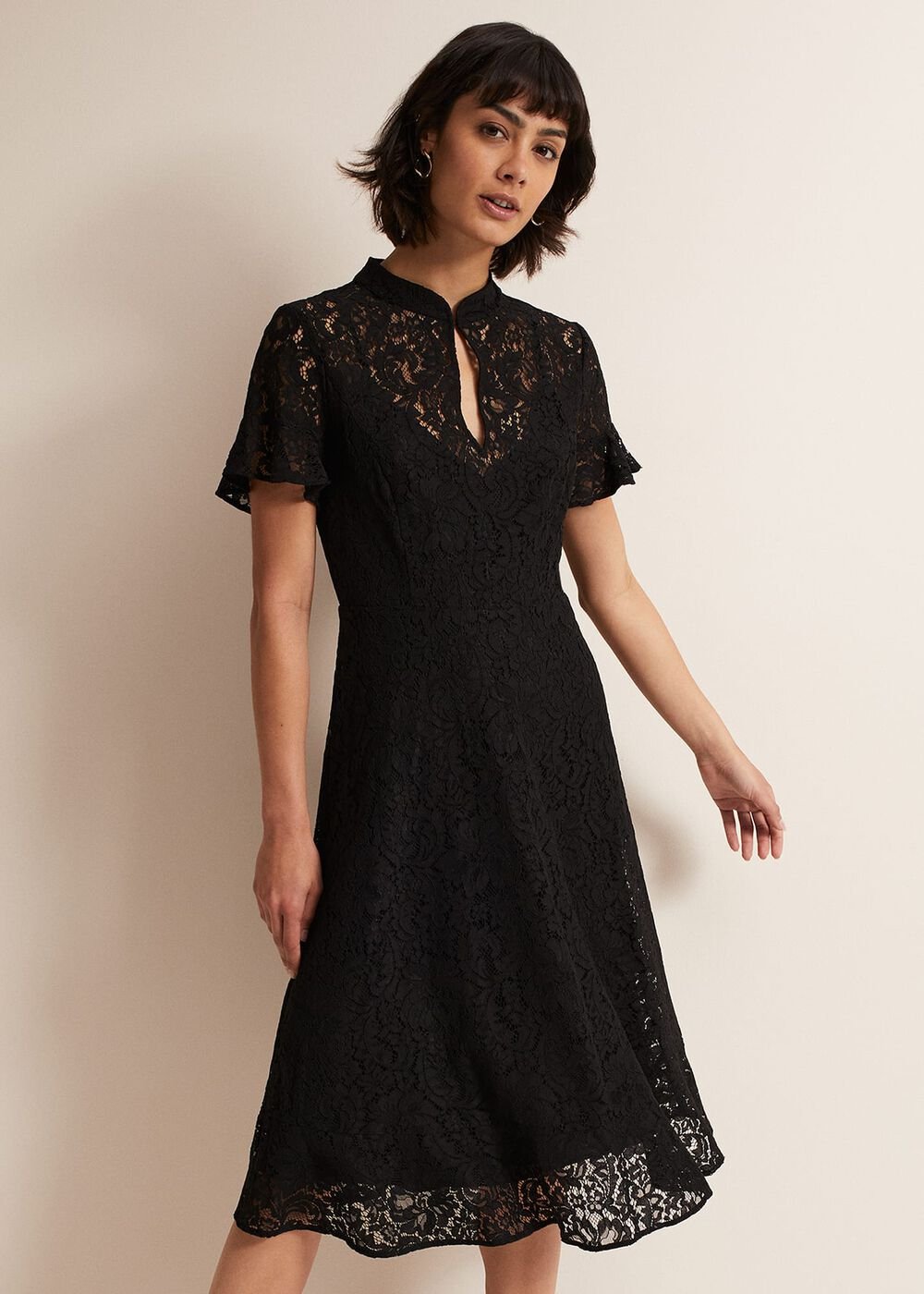 Black Short Sleeve Lace Midi Dress with Keyhole Neckline - Black