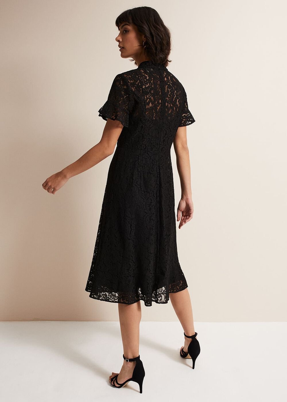 Black Short Sleeve Lace Midi Dress with Keyhole Neckline - Black