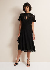 Black Short Sleeve Lace Midi Dress with Keyhole Neckline - Black