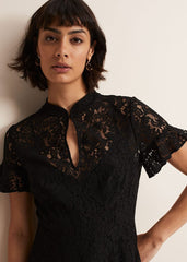 Black Short Sleeve Lace Midi Dress with Keyhole Neckline - Black