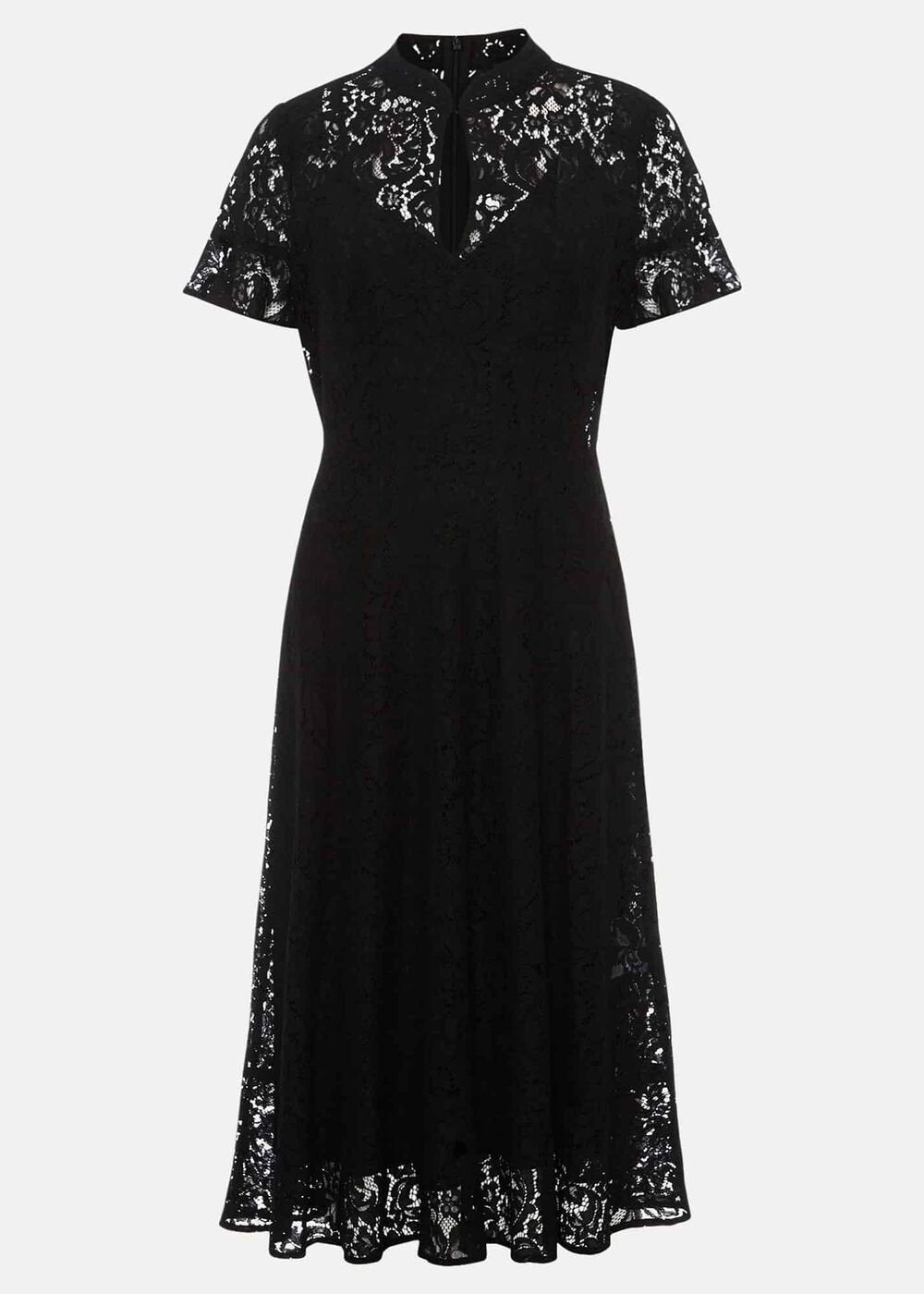 Black Short Sleeve Lace Midi Dress with Keyhole Neckline - Black