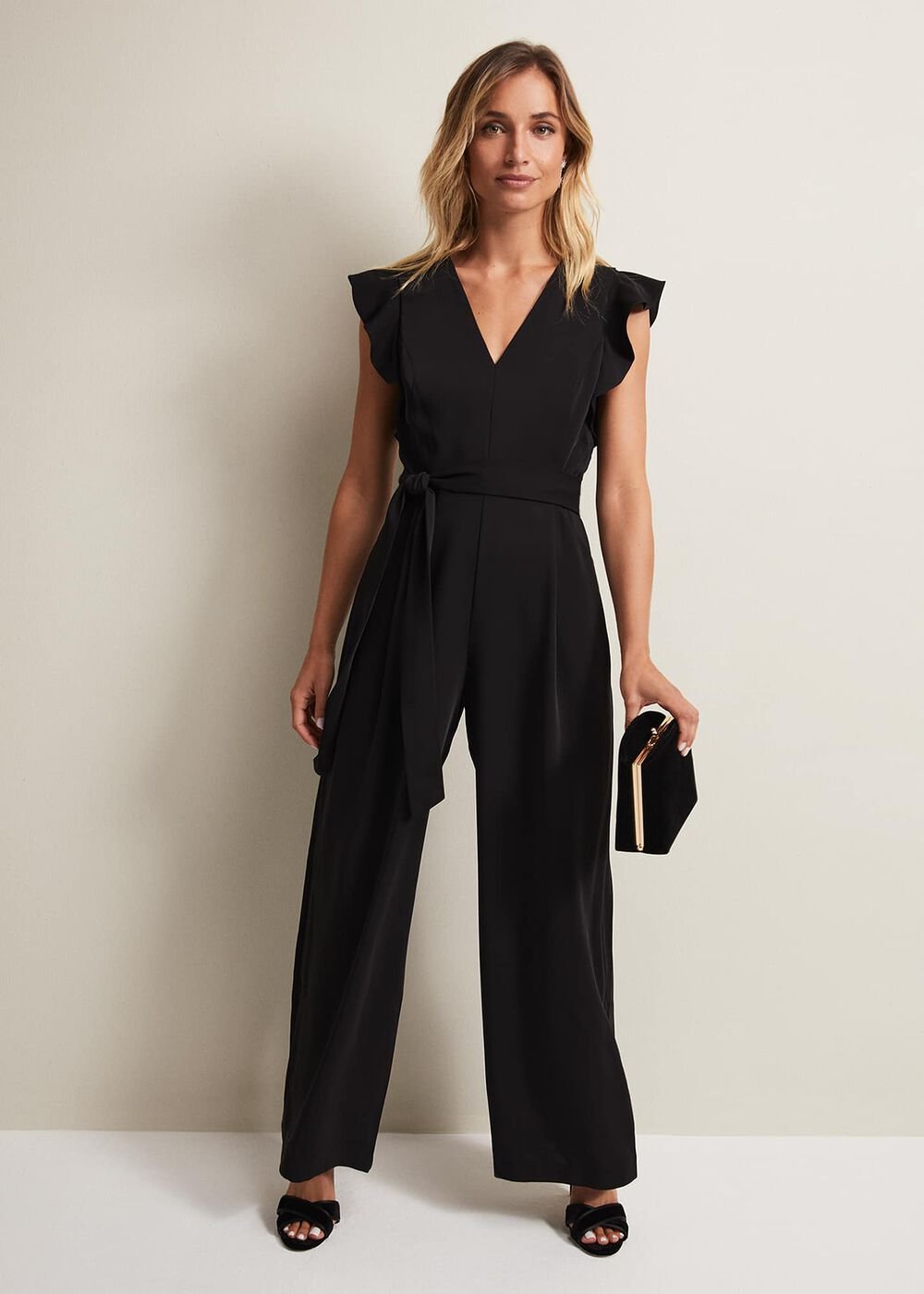Kallie V Neck Frill Jumpsuit - Black