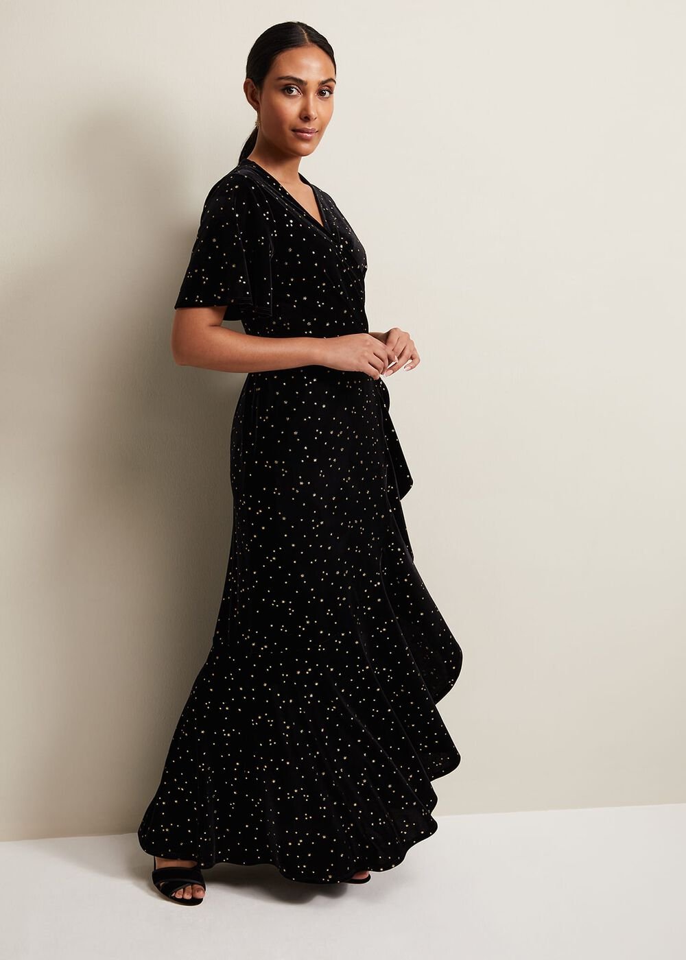 Petite Holly Velvet Star Wrap Maxi Dress - Black