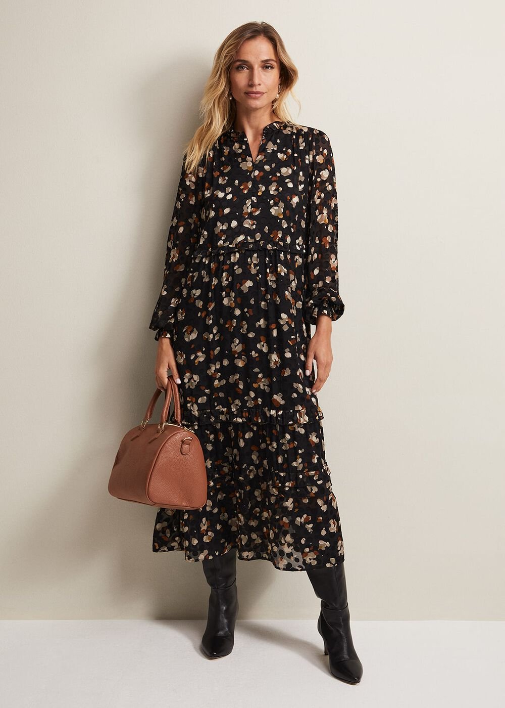 Leopard Print Midi Dress With Semi Sheer Long Sleeves - Black Multi