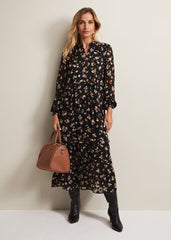 Leopard Print Midi Dress With Semi Sheer Long Sleeves - Black Multi