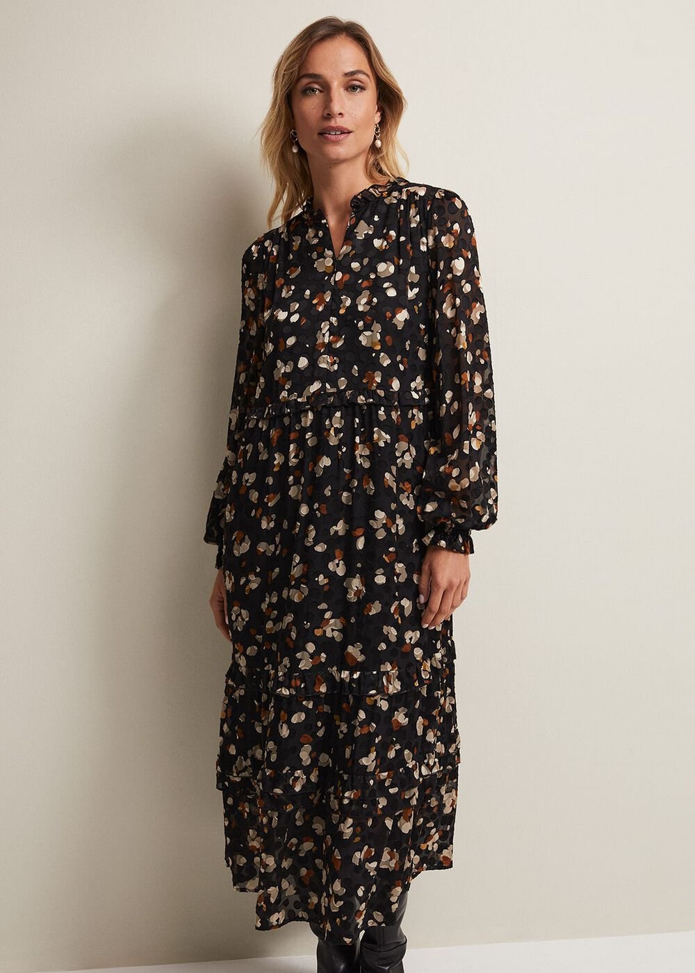 Leopard Print Midi Dress With Semi Sheer Long Sleeves - Black Multi