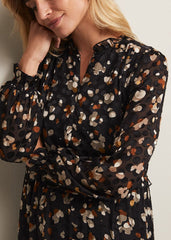 Leopard Print Midi Dress With Semi Sheer Long Sleeves - Black Multi