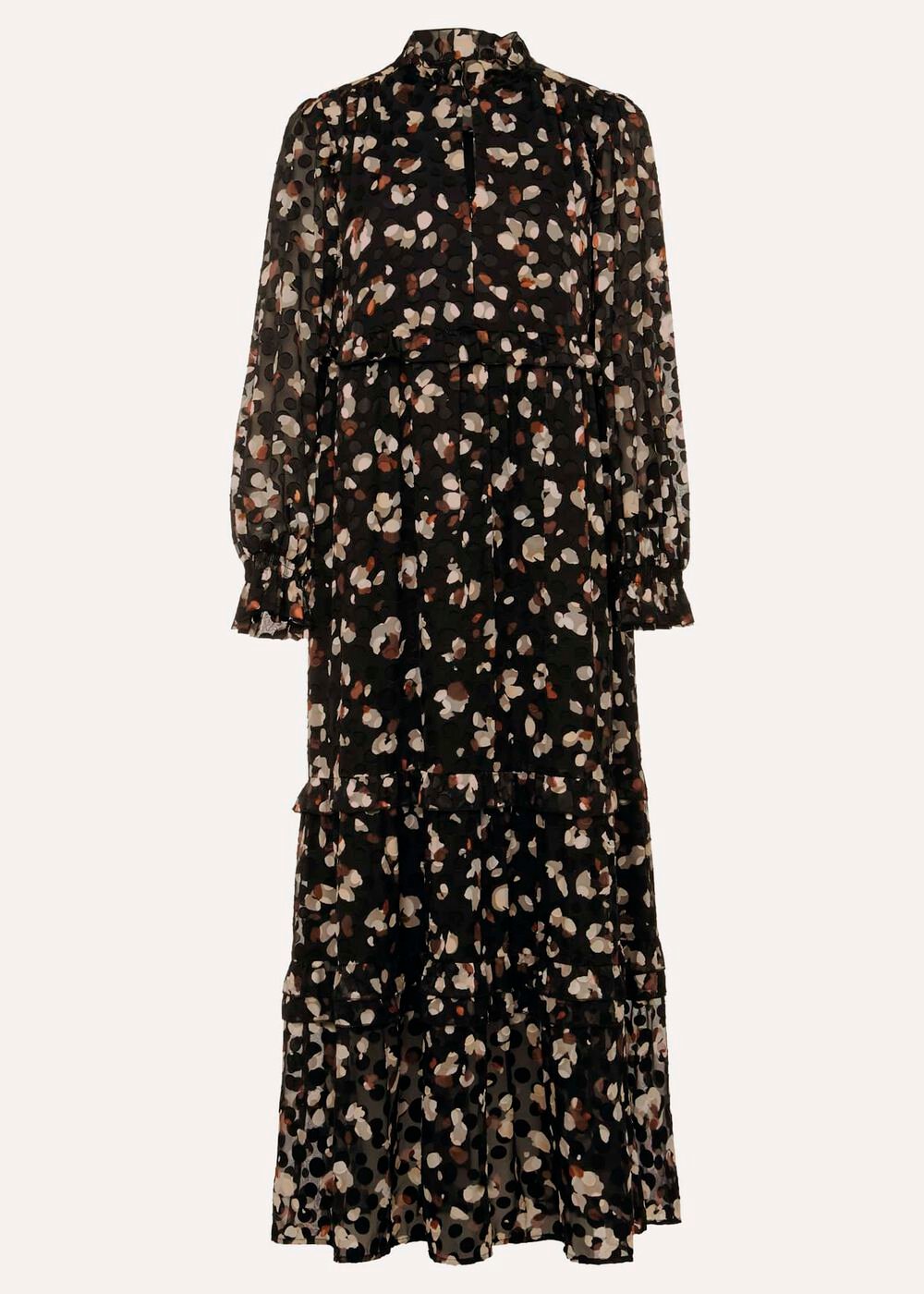 Leopard Print Midi Dress With Semi Sheer Long Sleeves - Black Multi