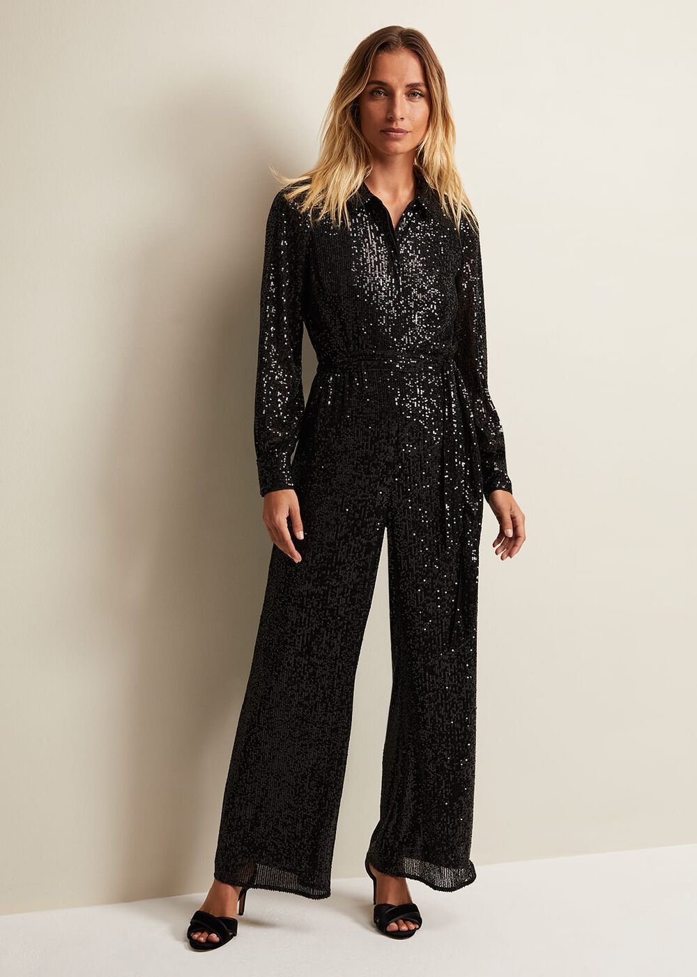Alessandra Black Sequin Shirt Jumpsuit - Black