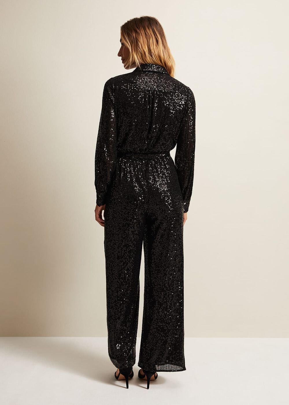 Alessandra Black Sequin Shirt Jumpsuit - Black