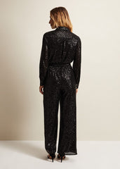 Alessandra Black Sequin Shirt Jumpsuit - Black
