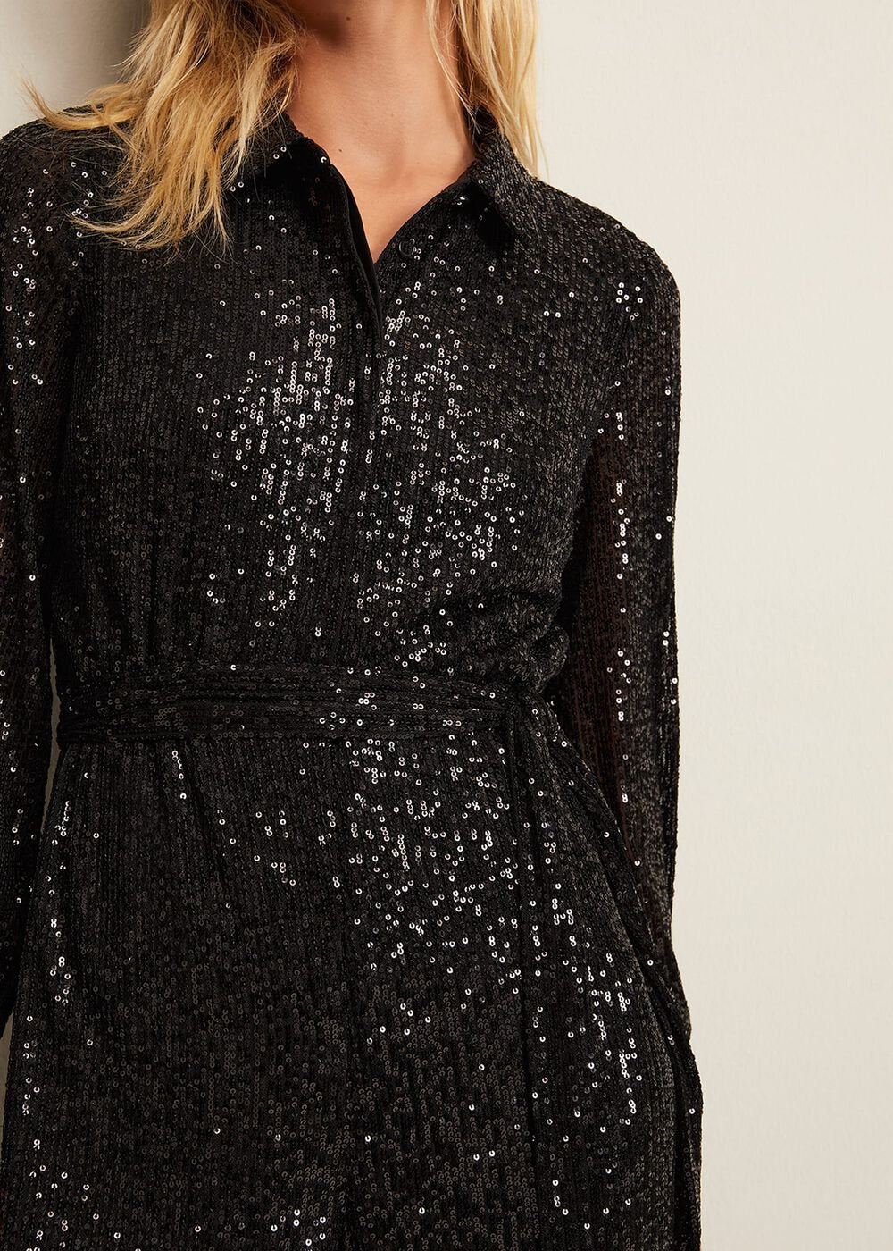 Alessandra Black Sequin Shirt Jumpsuit - Black