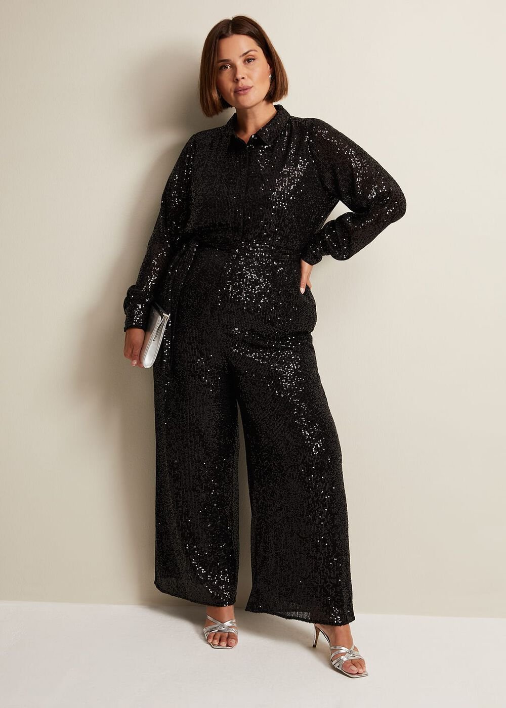 Alessandra Black Sequin Shirt Jumpsuit - Black