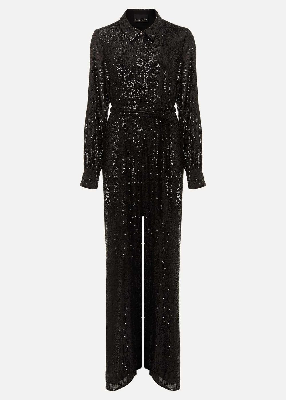 Alessandra Black Sequin Shirt Jumpsuit - Black