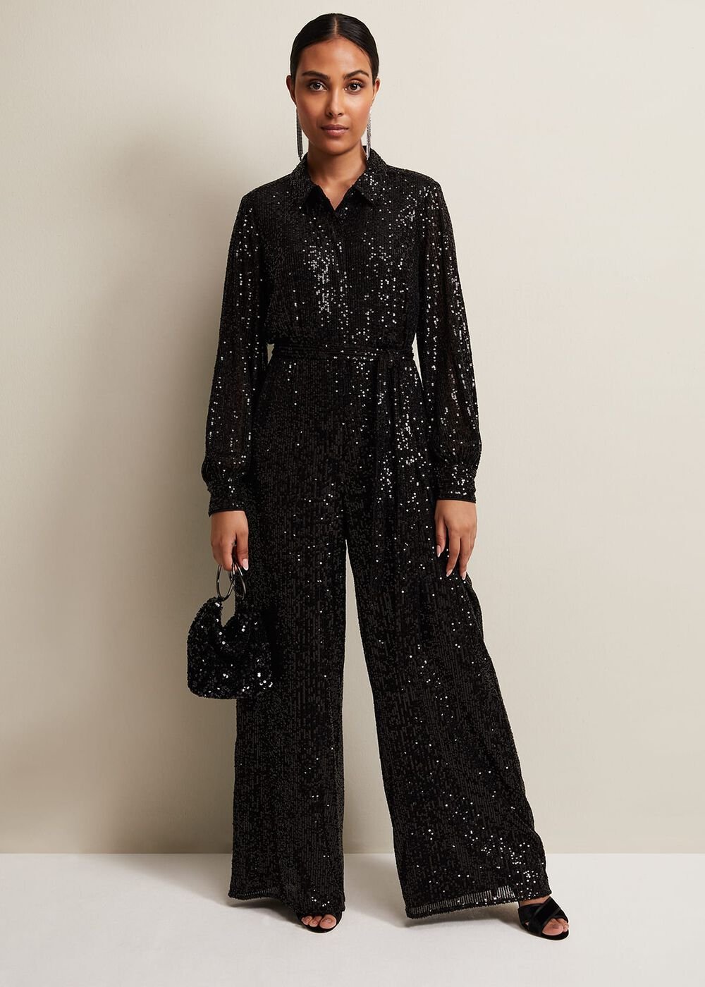 Petite Alessandra Black Sequin Jumpsuit - Black