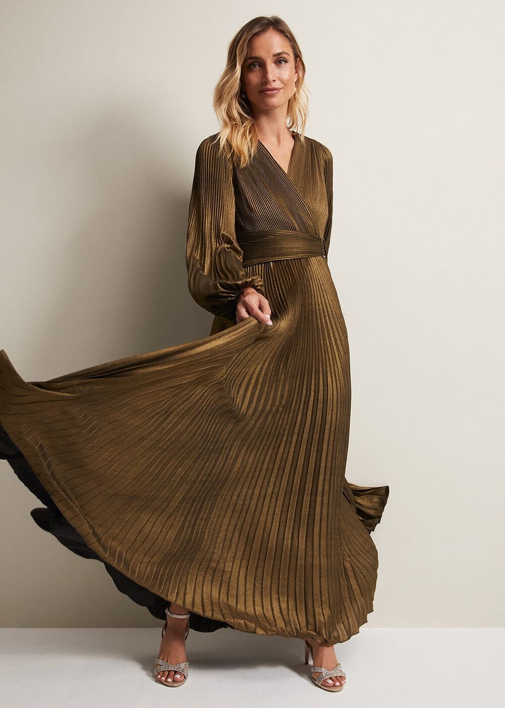Adrianna Foil Pleated Maxi Dress - Metallic