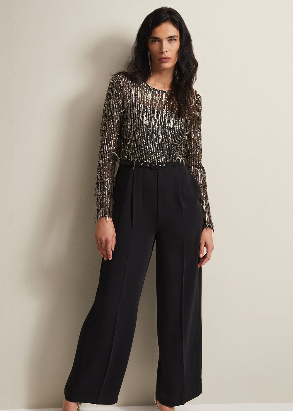 Mariah Sequin Fringe Wide Leg Jumpsuit - Black