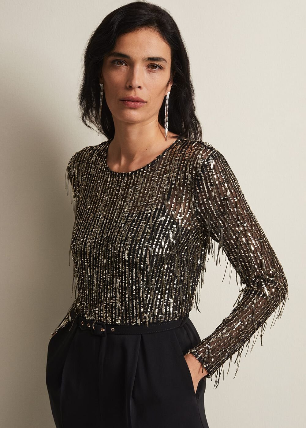 Mariah Sequin Fringe Wide Leg Jumpsuit - Black
