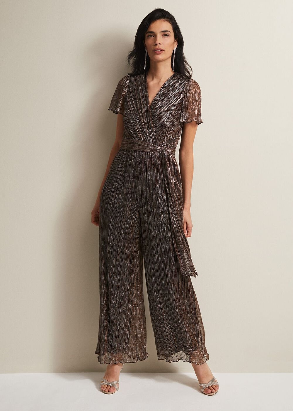 Stella Bronze Plisse Wide Leg Jumpsuit - Metallic