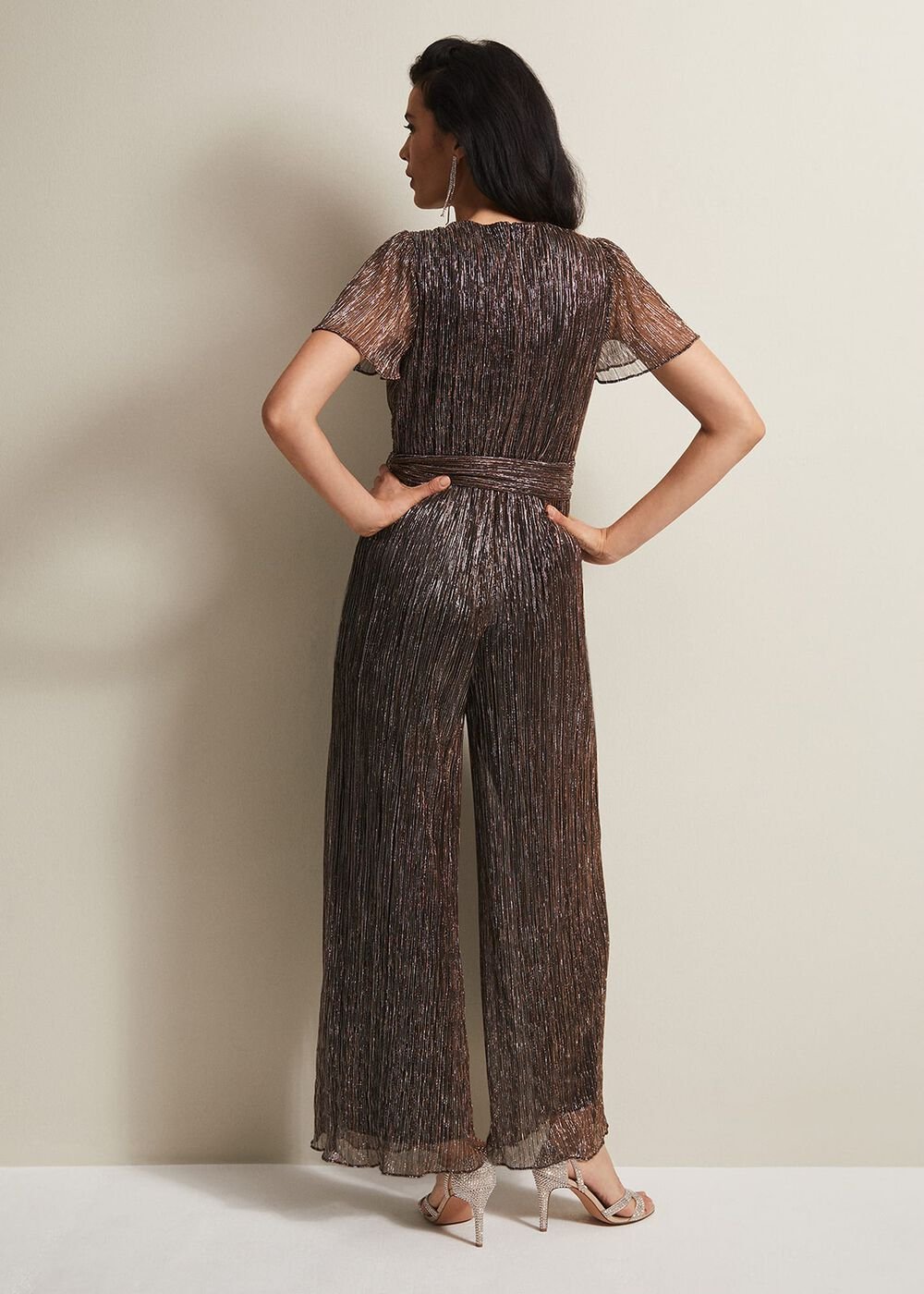 Stella Bronze Plisse Wide Leg Jumpsuit - Metallic