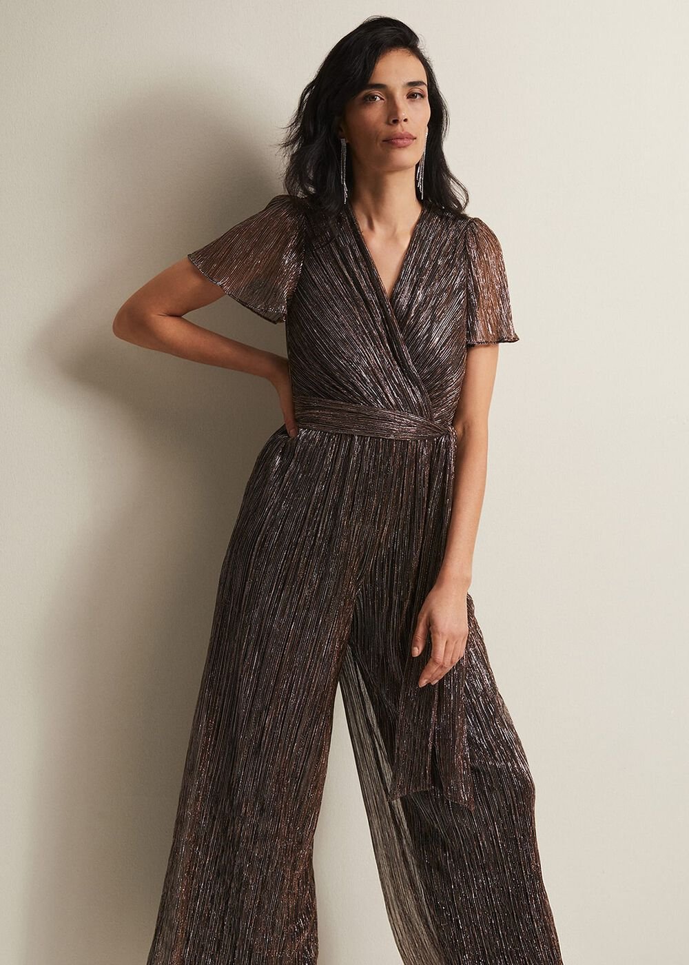 Stella Bronze Plisse Wide Leg Jumpsuit - Metallic