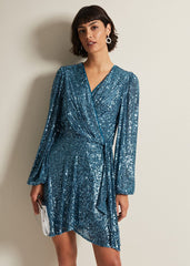 Carissa Teal Sequin Wrap Mini Dress - Teal