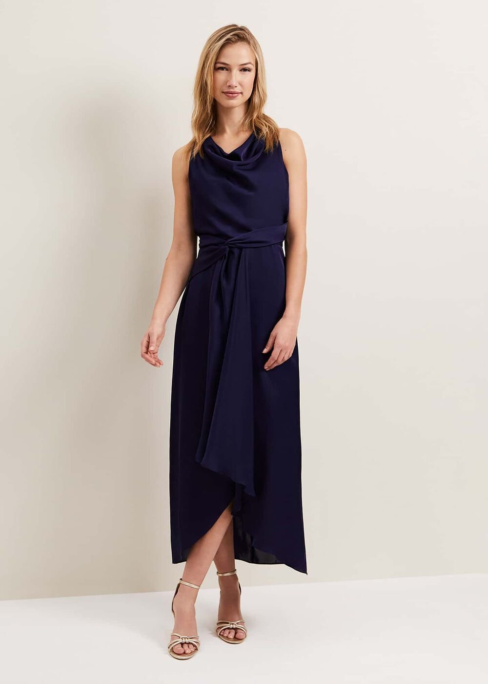 Daliah High Neck Satin Midi Dress - Navy