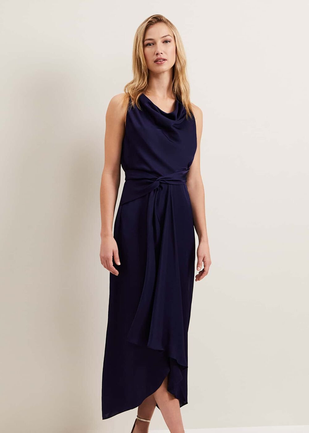 Daliah High Neck Satin Midi Dress - Navy