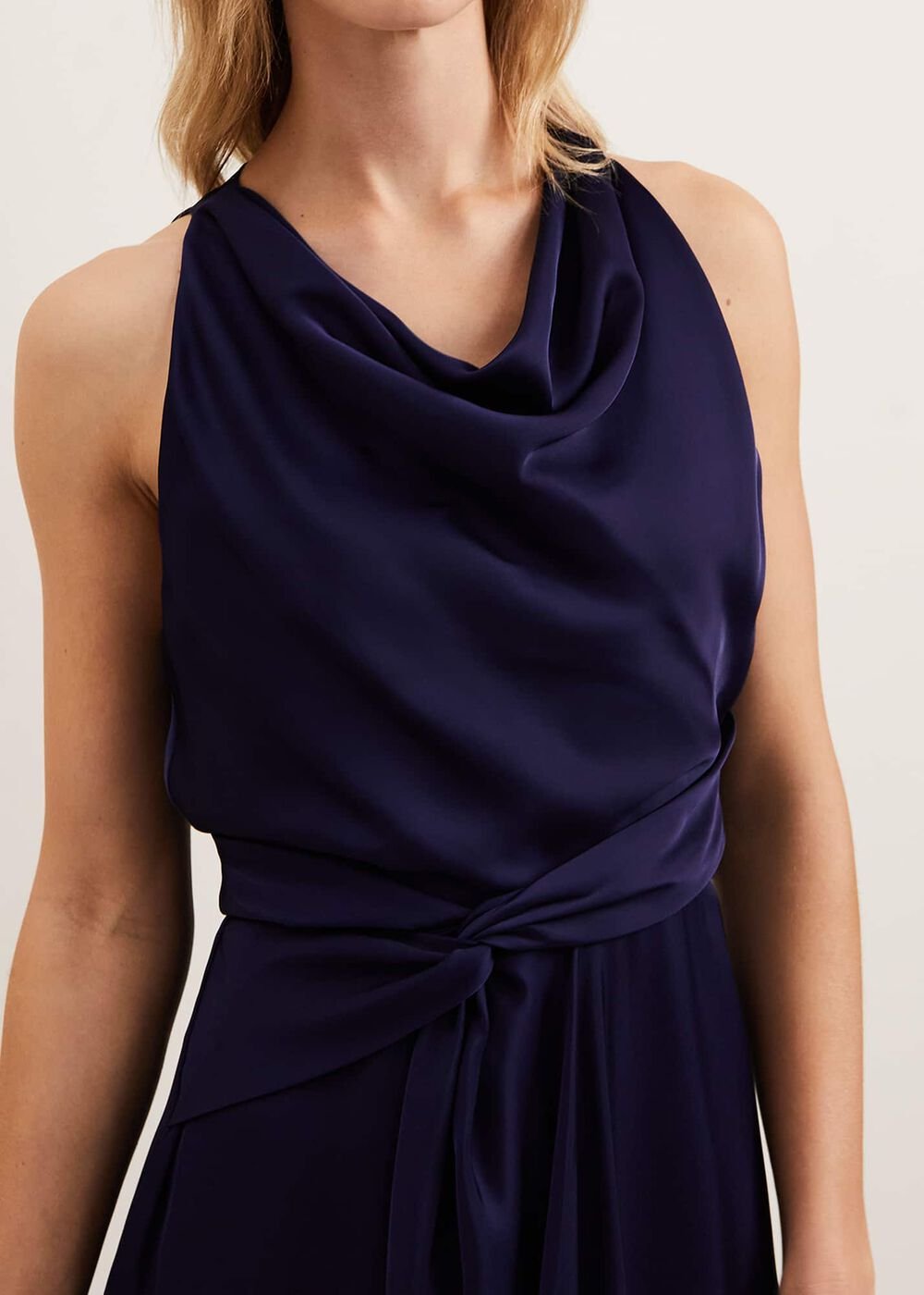 Daliah High Neck Satin Midi Dress - Navy