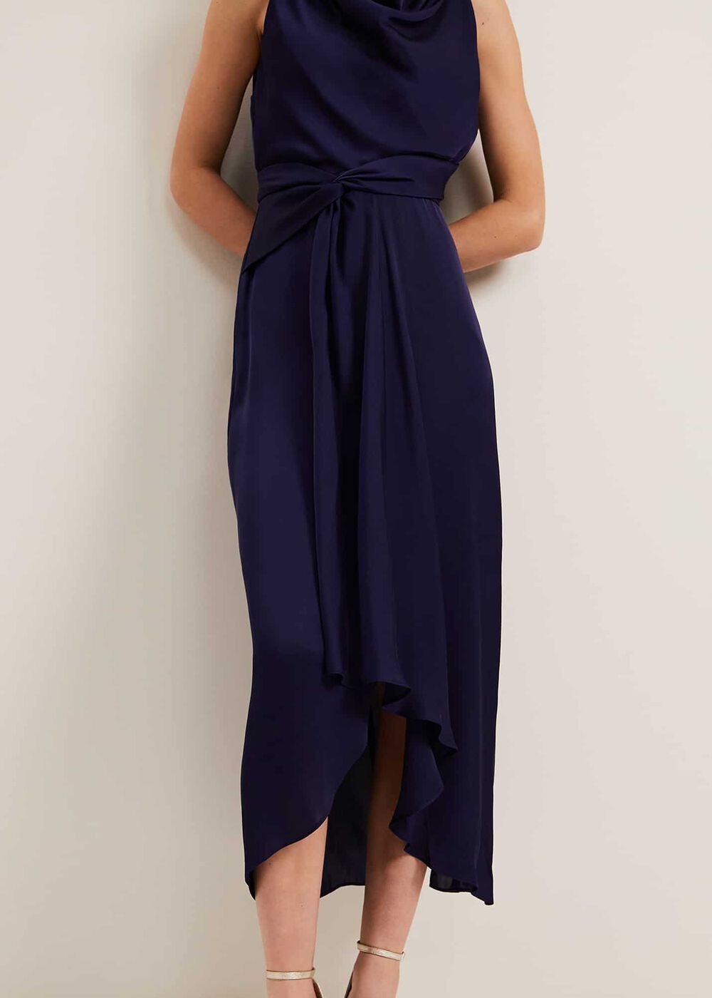 Daliah High Neck Satin Midi Dress - Navy