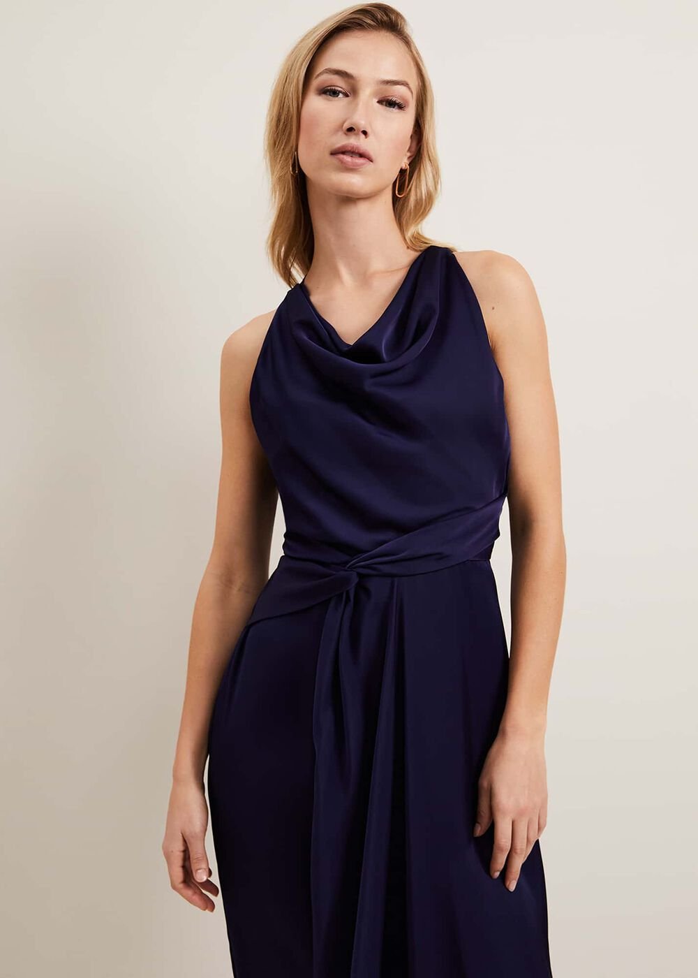 Daliah High Neck Satin Midi Dress - Navy