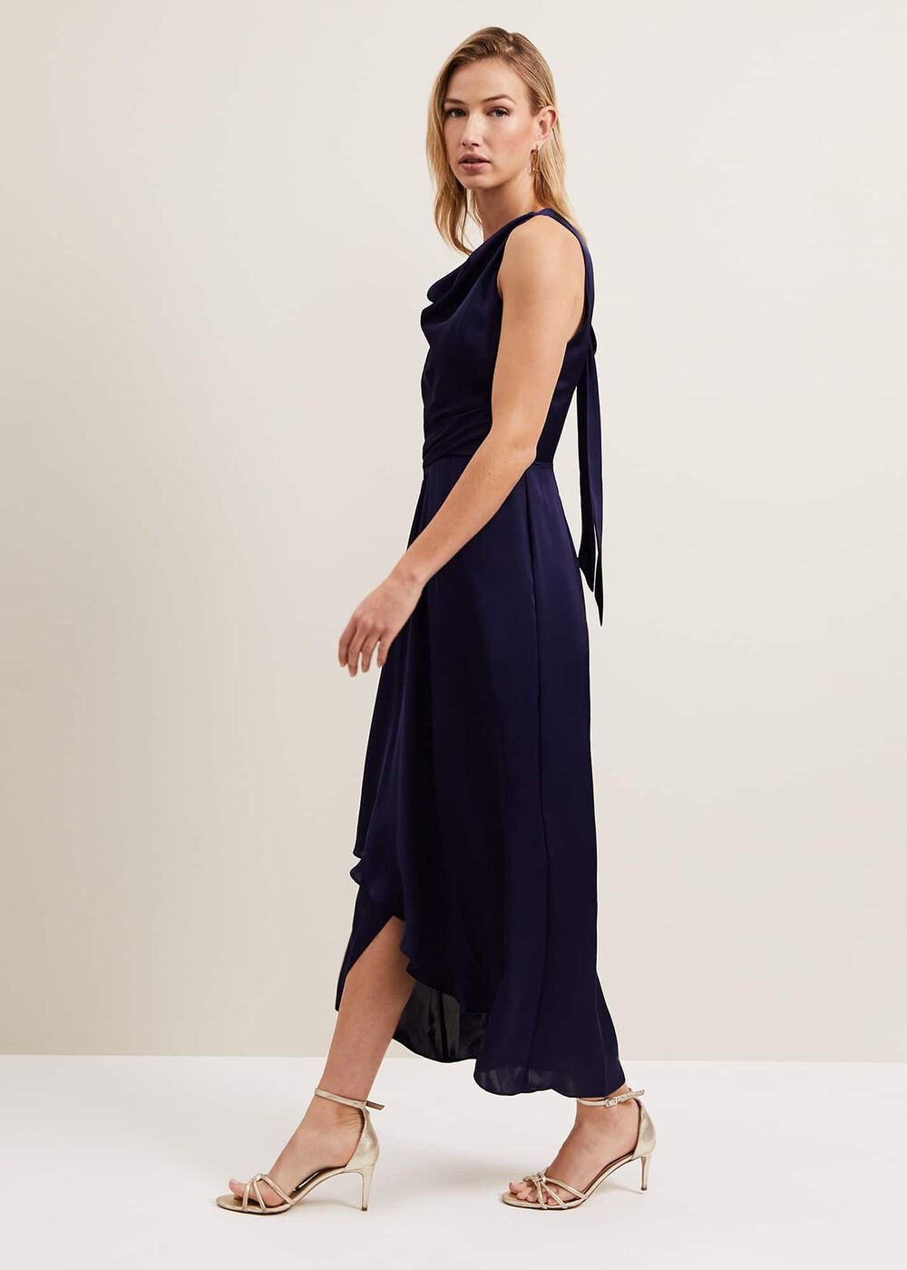 Daliah High Neck Satin Midi Dress - Navy