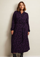 Purple Floral Button Up Midi Dress With Long Sleeves - Black/Multi