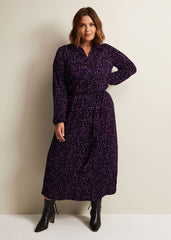 Purple Floral Button Up Midi Dress With Long Sleeves - Black/Multi