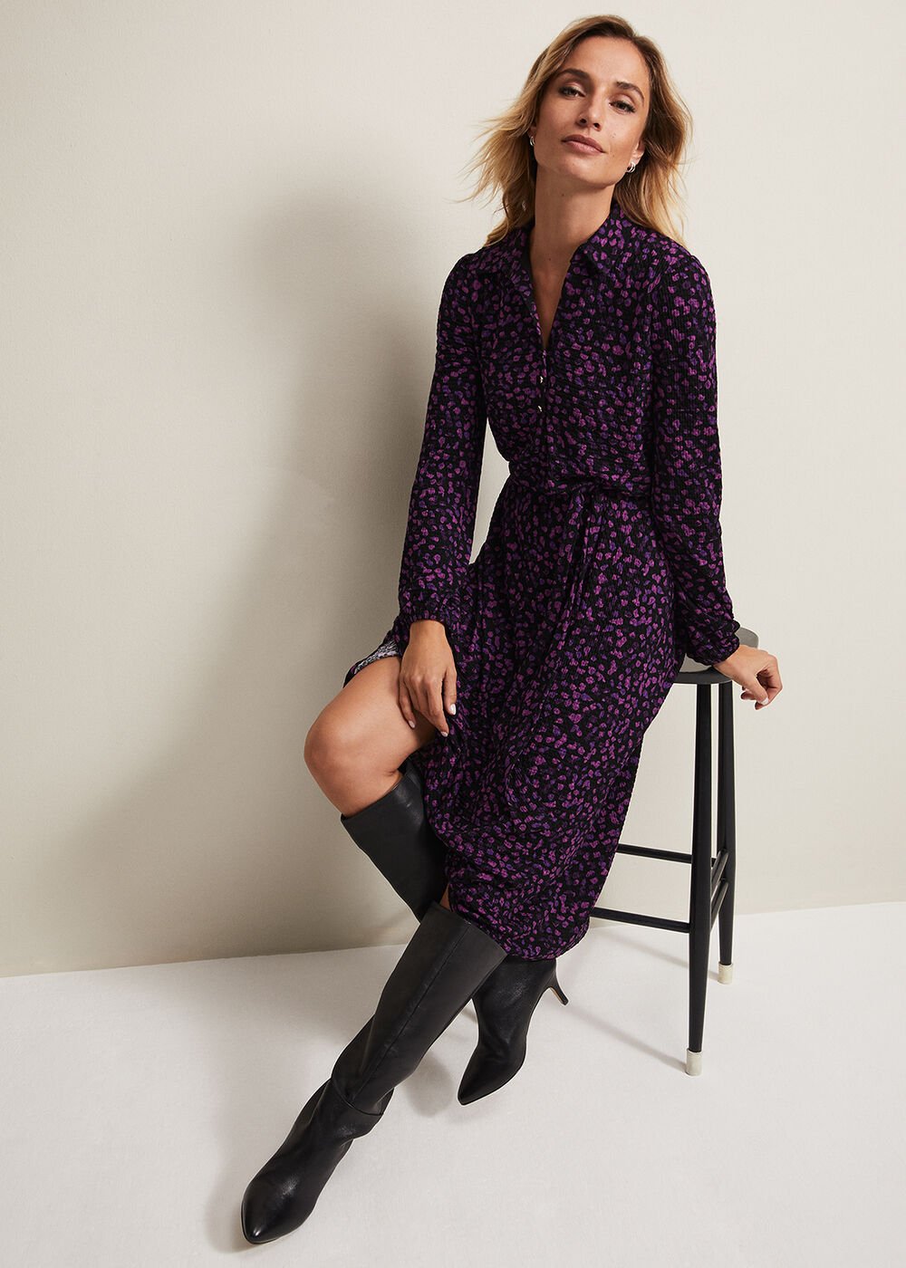 Purple Floral Button Up Midi Dress With Long Sleeves - Black/Multi