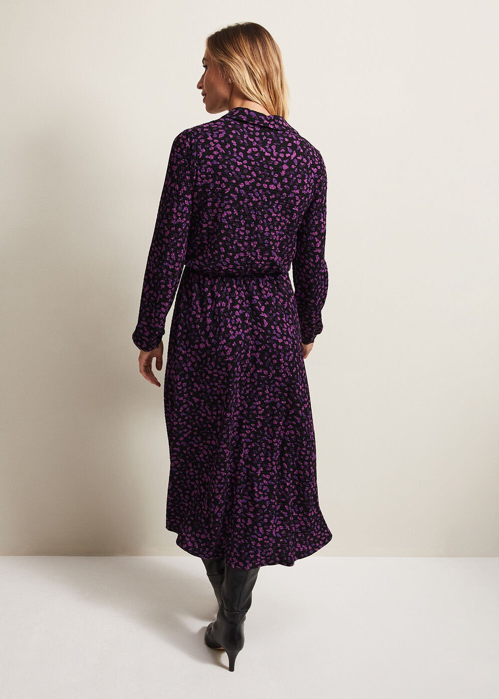 Purple Floral Button Up Midi Dress With Long Sleeves - Black/Multi