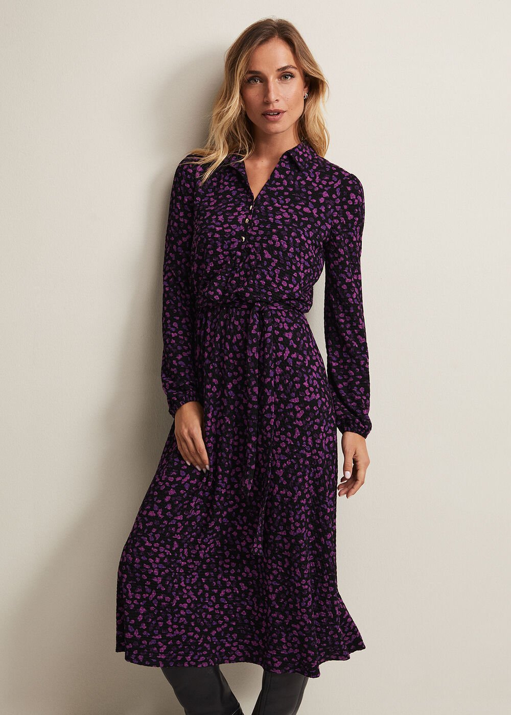 Purple Floral Button Up Midi Dress With Long Sleeves - Black/Multi