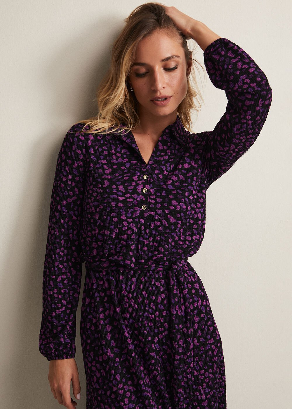 Purple Floral Button Up Midi Dress With Long Sleeves - Black/Multi