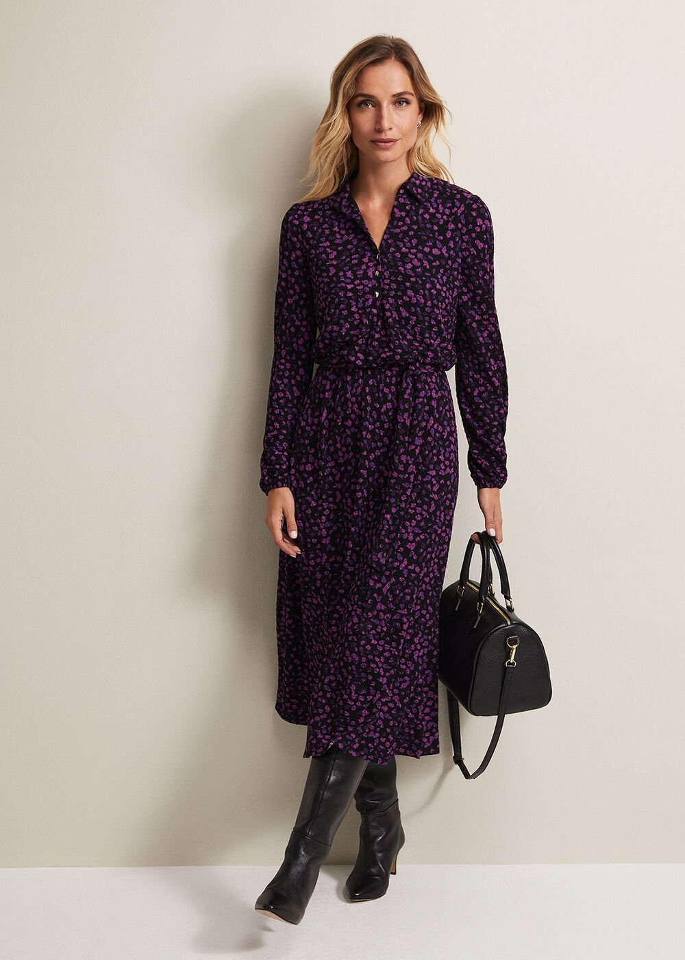 Purple Floral Button Up Midi Dress With Long Sleeves - Black/Multi