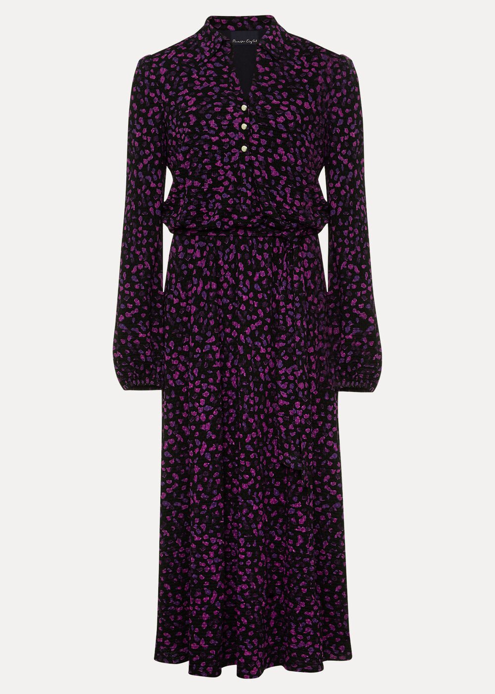 Purple Floral Button Up Midi Dress With Long Sleeves - Black/Multi
