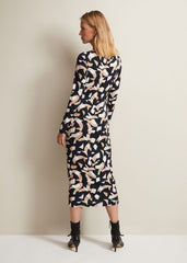 Jordana Geo Ruched Midi Dress - Navy