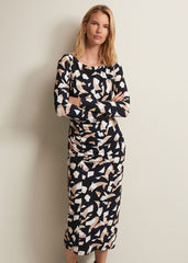 Jordana Geo Ruched Midi Dress - Navy