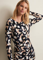 Jordana Geo Ruched Midi Dress - Navy