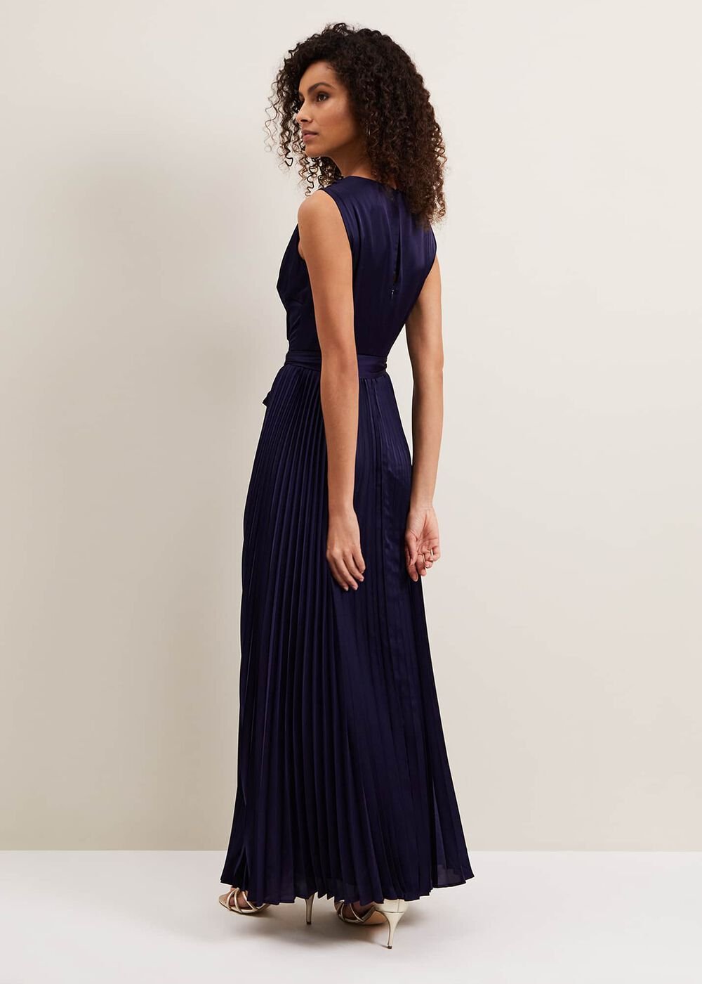 Bonnie Pleat Wrap Satin Maxi Dress - Navy