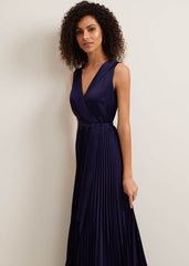 Bonnie Pleat Wrap Satin Maxi Dress - Navy