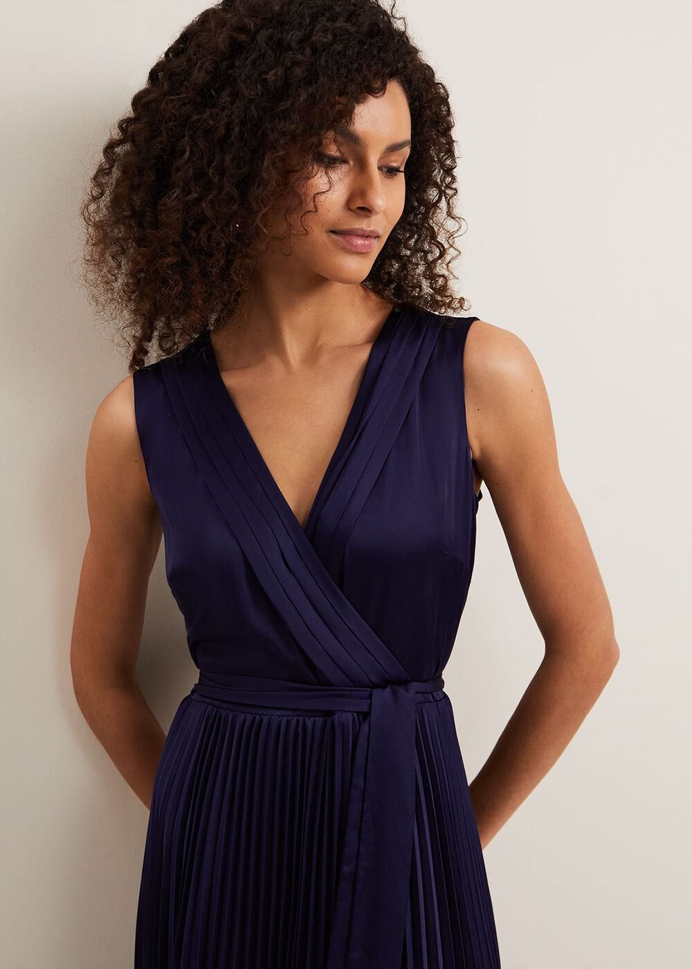 Bonnie Pleat Wrap Satin Maxi Dress - Navy
