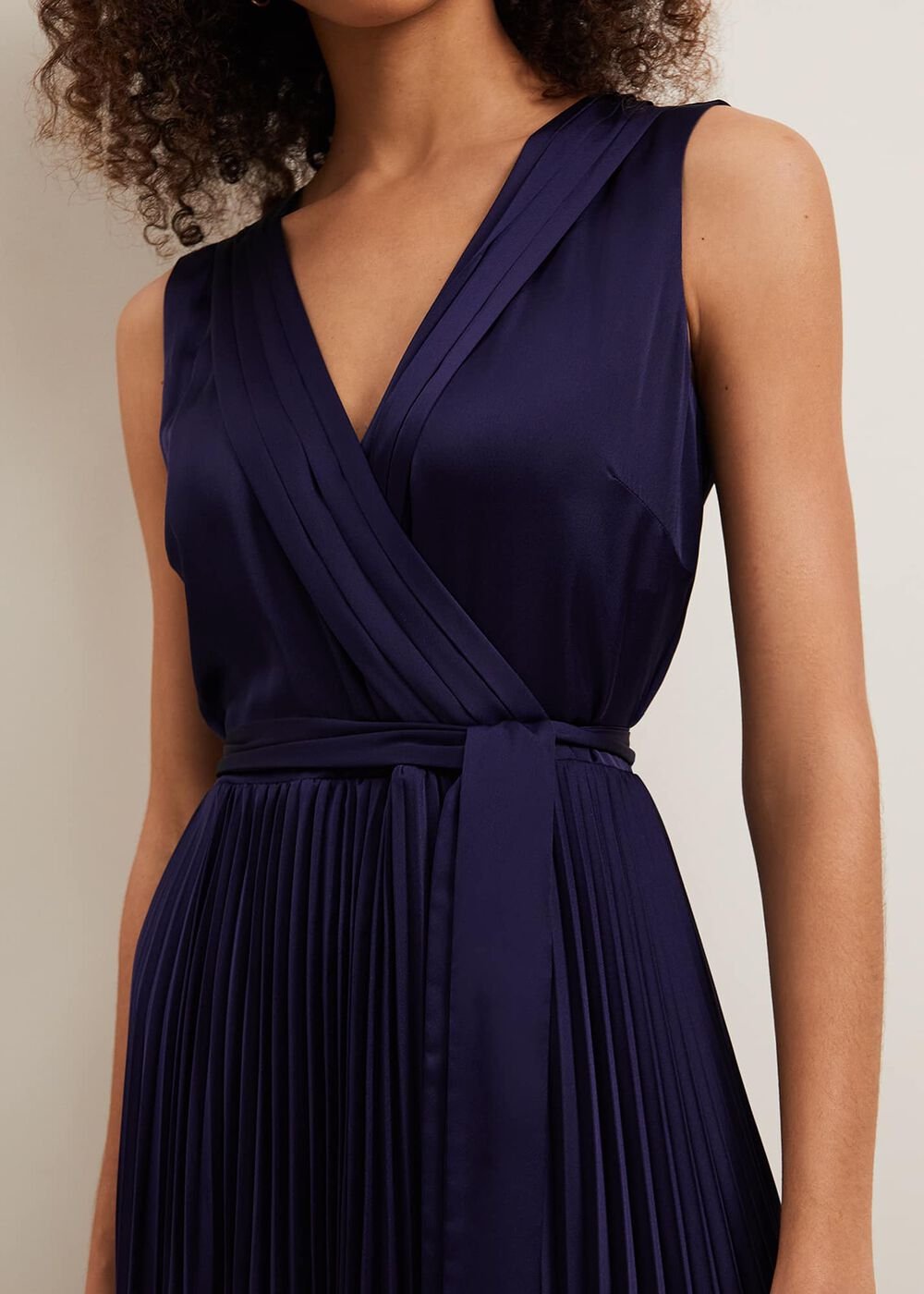 Bonnie Pleat Wrap Satin Maxi Dress - Navy