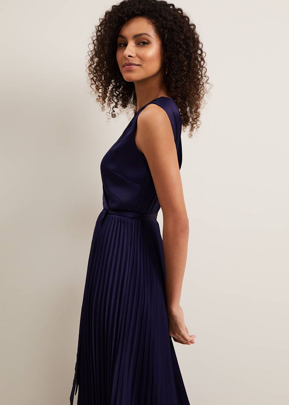 Bonnie Pleat Wrap Satin Maxi Dress - Navy