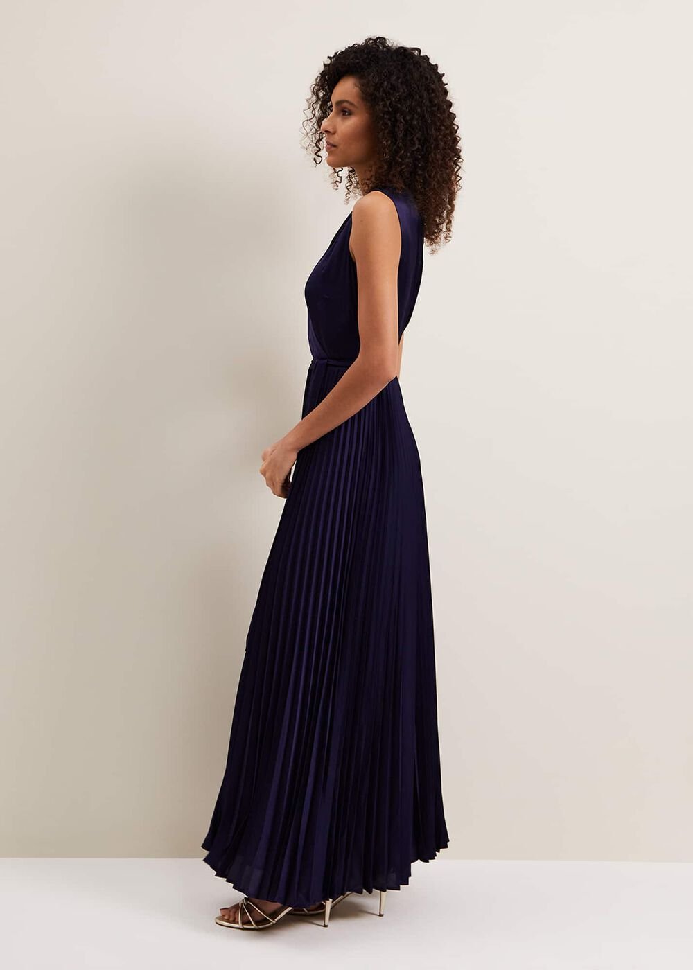 Bonnie Pleat Wrap Satin Maxi Dress - Navy
